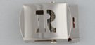 nickel polish military-style buckle with cut-out initial "R"