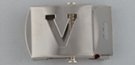 nickel polish military-style buckle with cut-out initial "V"