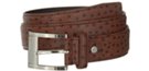 wide ostrich skin embossed brown leather belt with nickel buckle