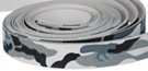black and gray camouflage print on white webbing strap